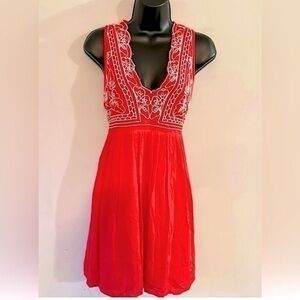 ENTRO Floral Embroidery RED BOHO dress SZ SMALL